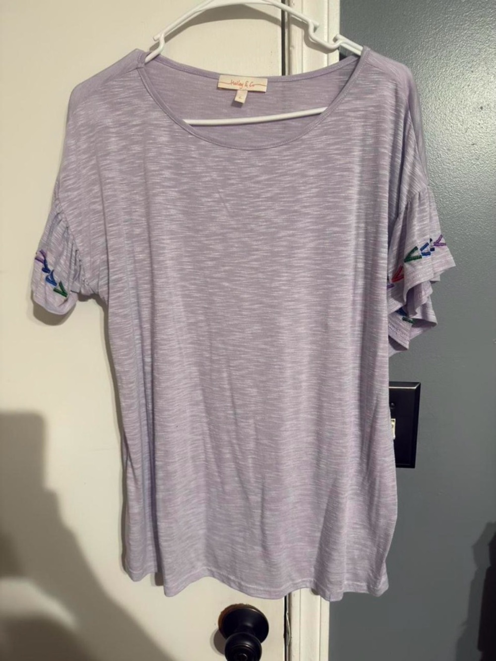 Hailey & Co Lavender Short-Sleeve Women’s Top with Embroidered Sleeves